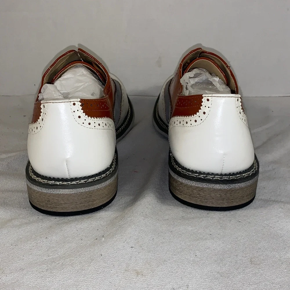 Weishimibang Mens Tri-Color Wingtip Oxford — White/Gray/Brown